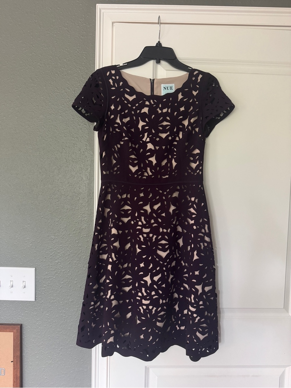 Nue by Shani Black Laser-Cut Midi Dress with Nude Lining